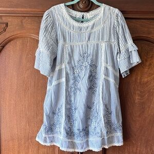Free People Blue Striped Embroidered Dress